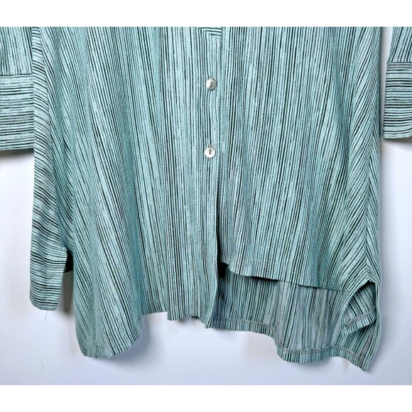 Michael Tyler Womens Small Green Striped Button Front Blouse Asymmetrical Hem - Picture 7 of 14